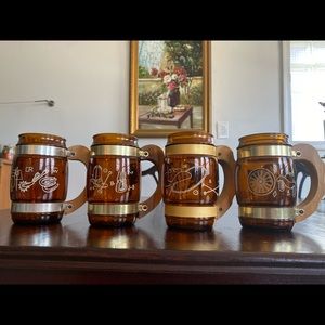 Vintage western beer glasses with wooden holder.